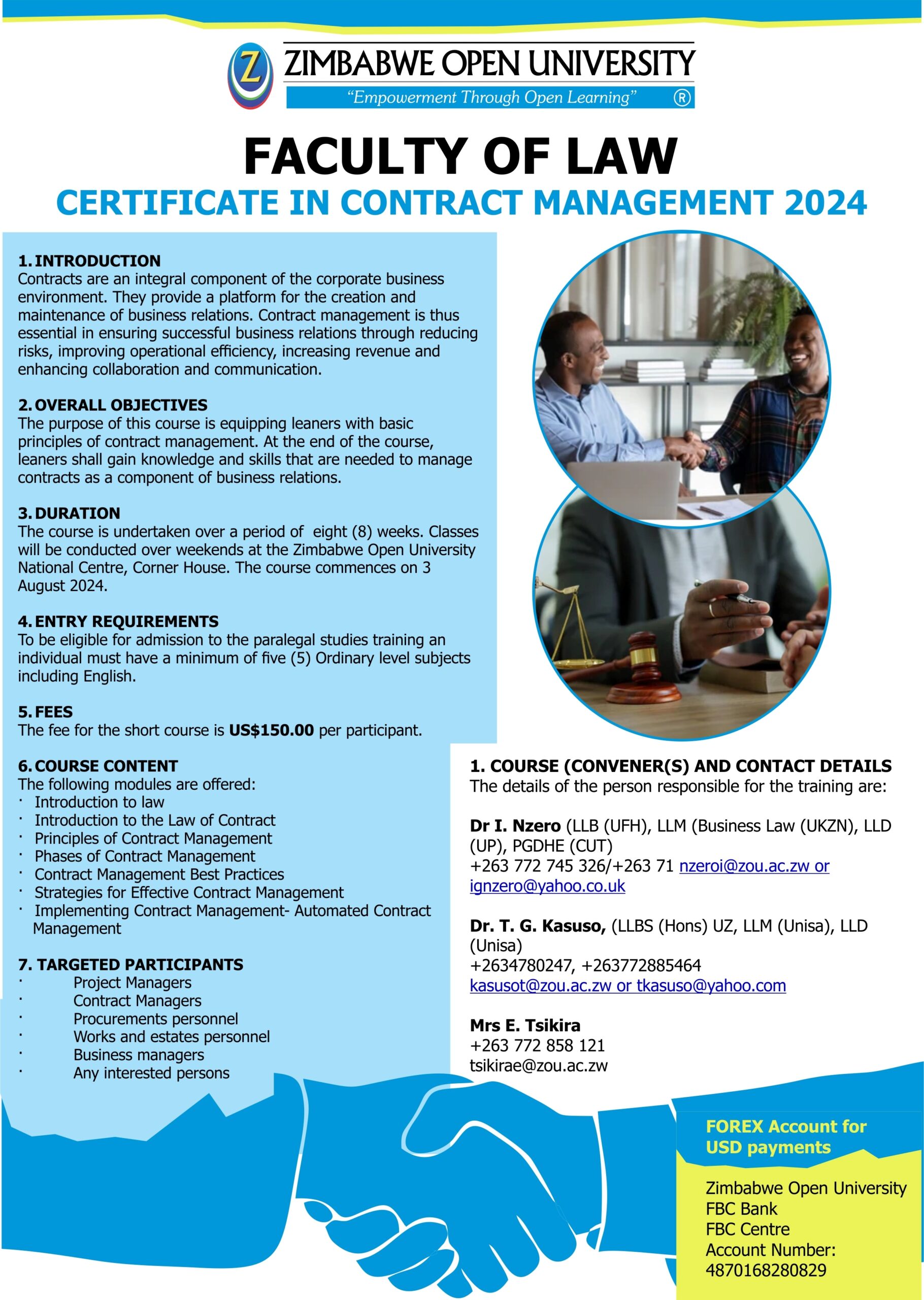 Faculty of Law; Short Course of a Certificate in Contract Management 2024