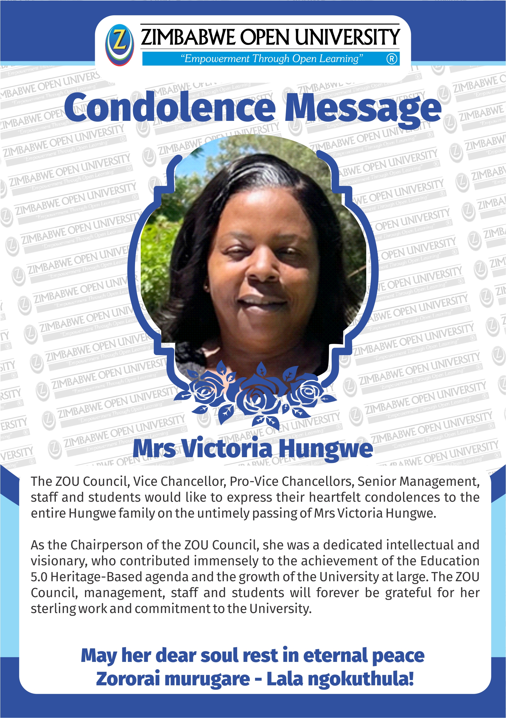 Condolence Message: Mrs Victoria Hungwe