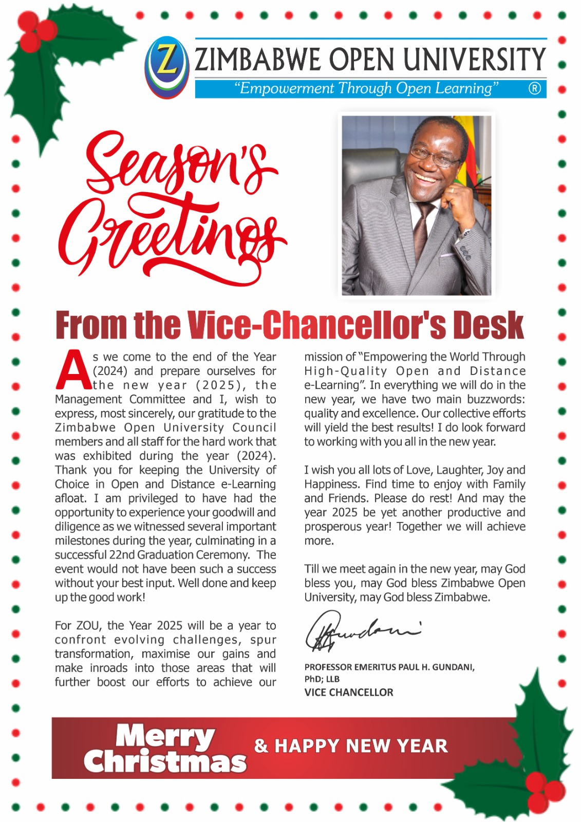 Vice Chancellor’s End of Year Message