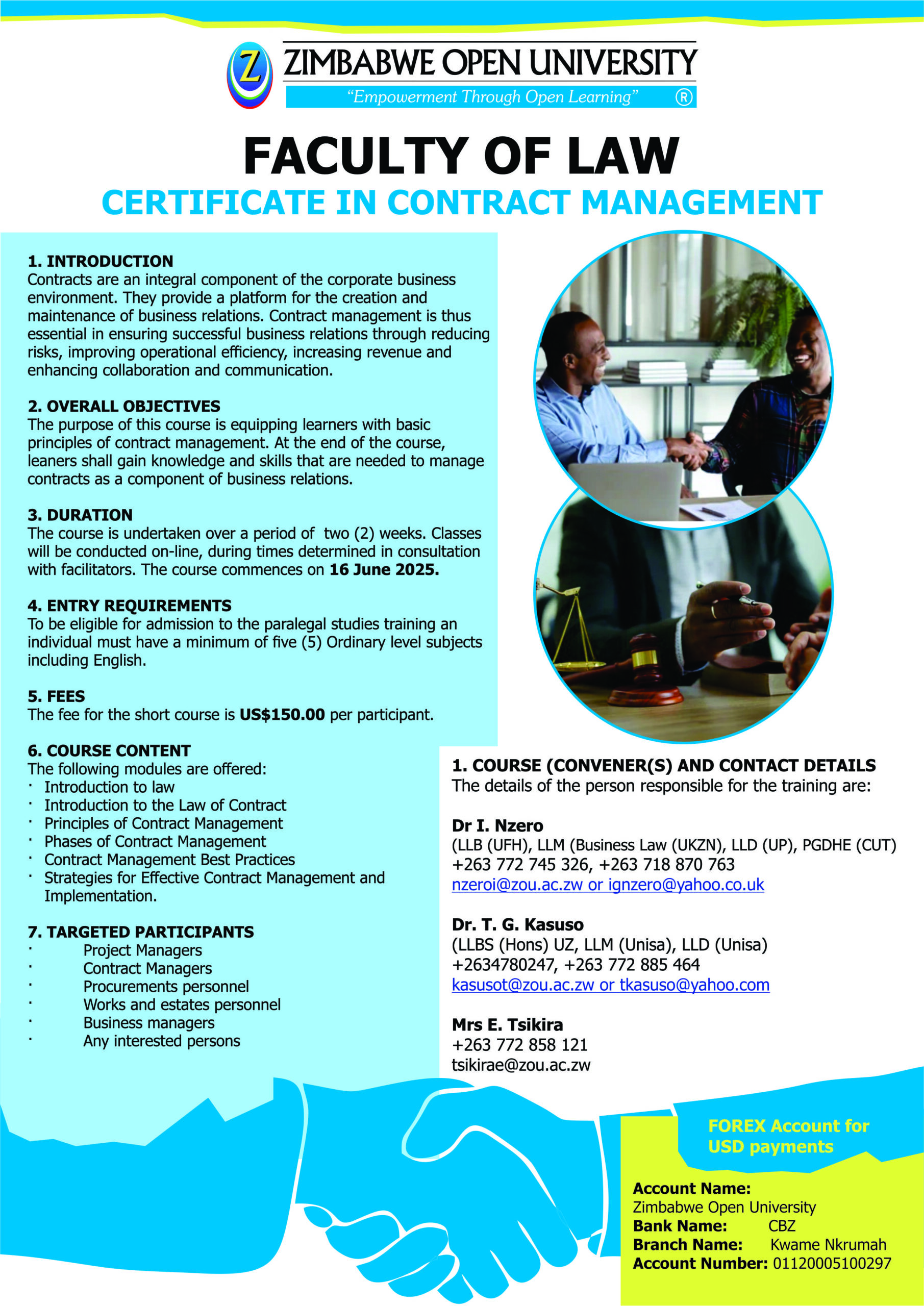 Short Course: Certificate in Contract Management – Faculty of Law